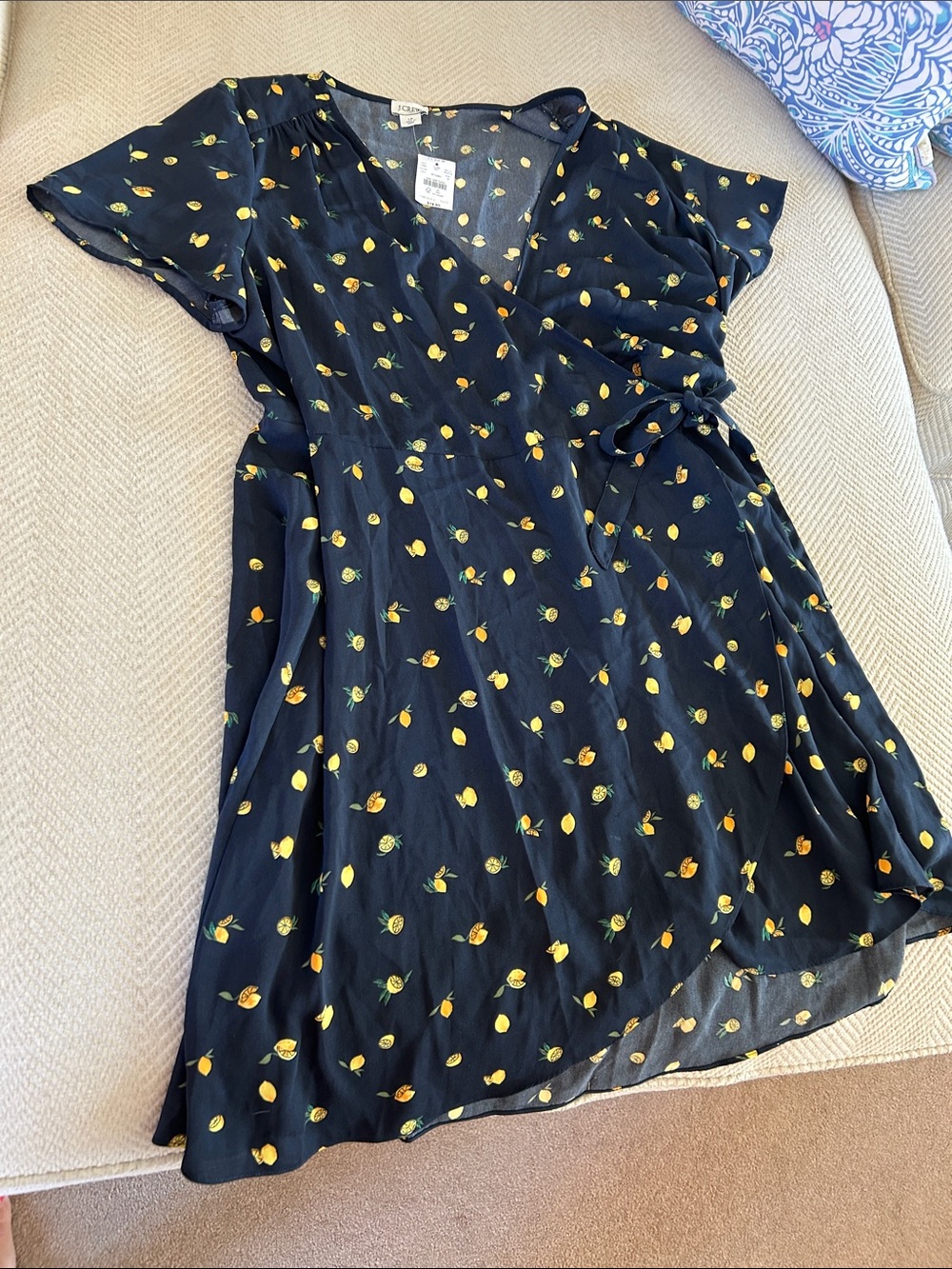 J. Crew Factory Navy Wrap Dress with Yellow Lemon Motif